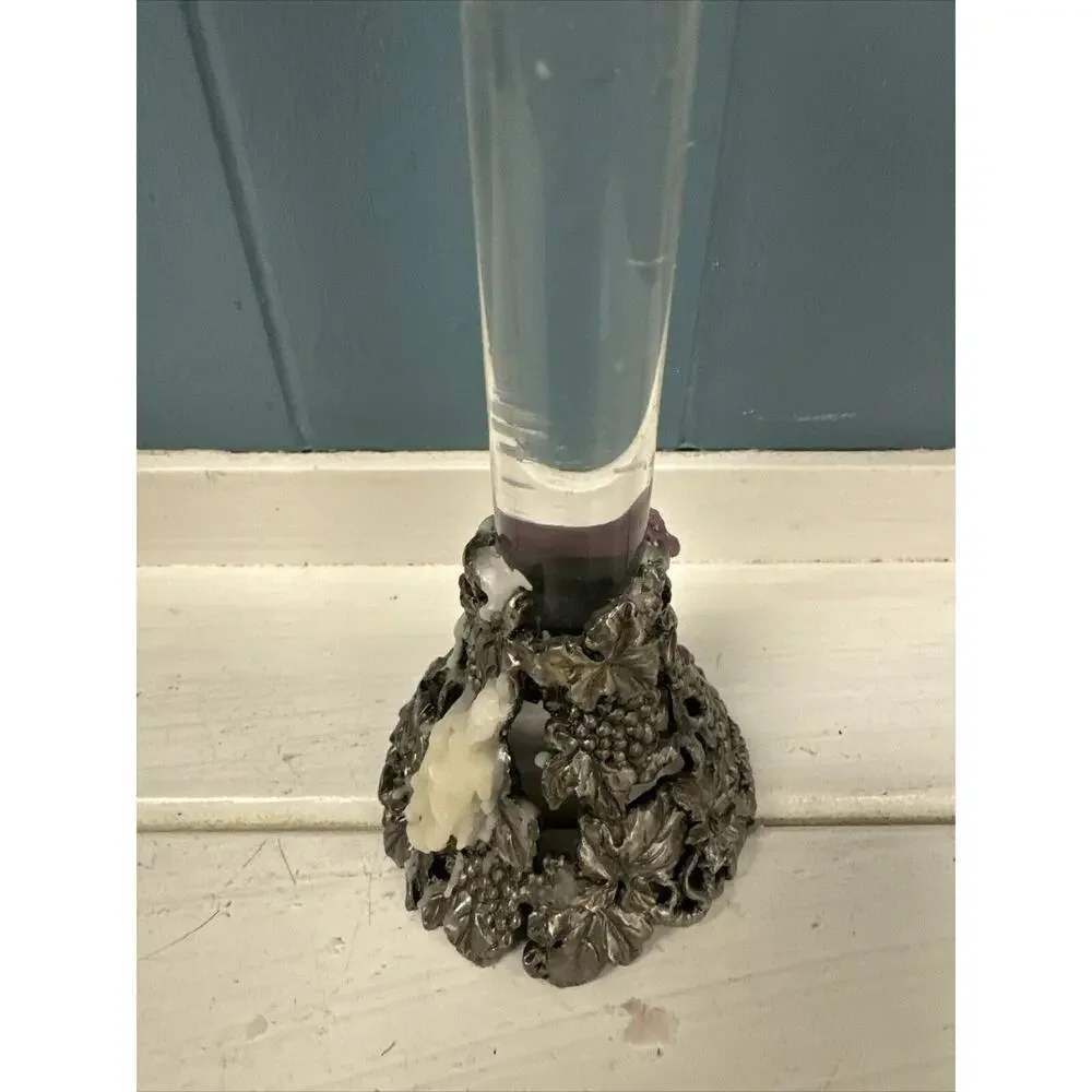 Grapevines Cast Metal Pewter Long Tall‎ Candle Holder Acrylic Column Home Décor